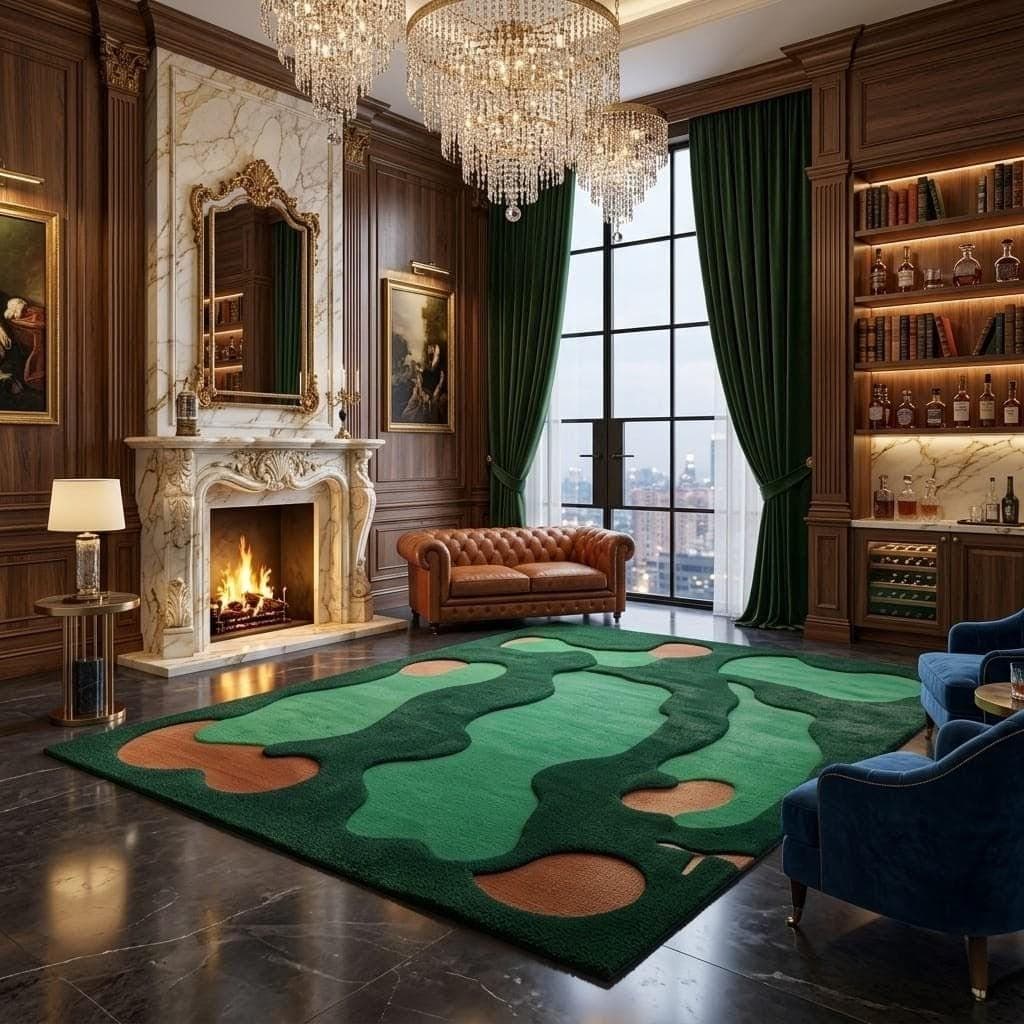 Green Abstract Golf Course Area Rug, Modern Artistic Carpet, Irregular Shape Floor Decor