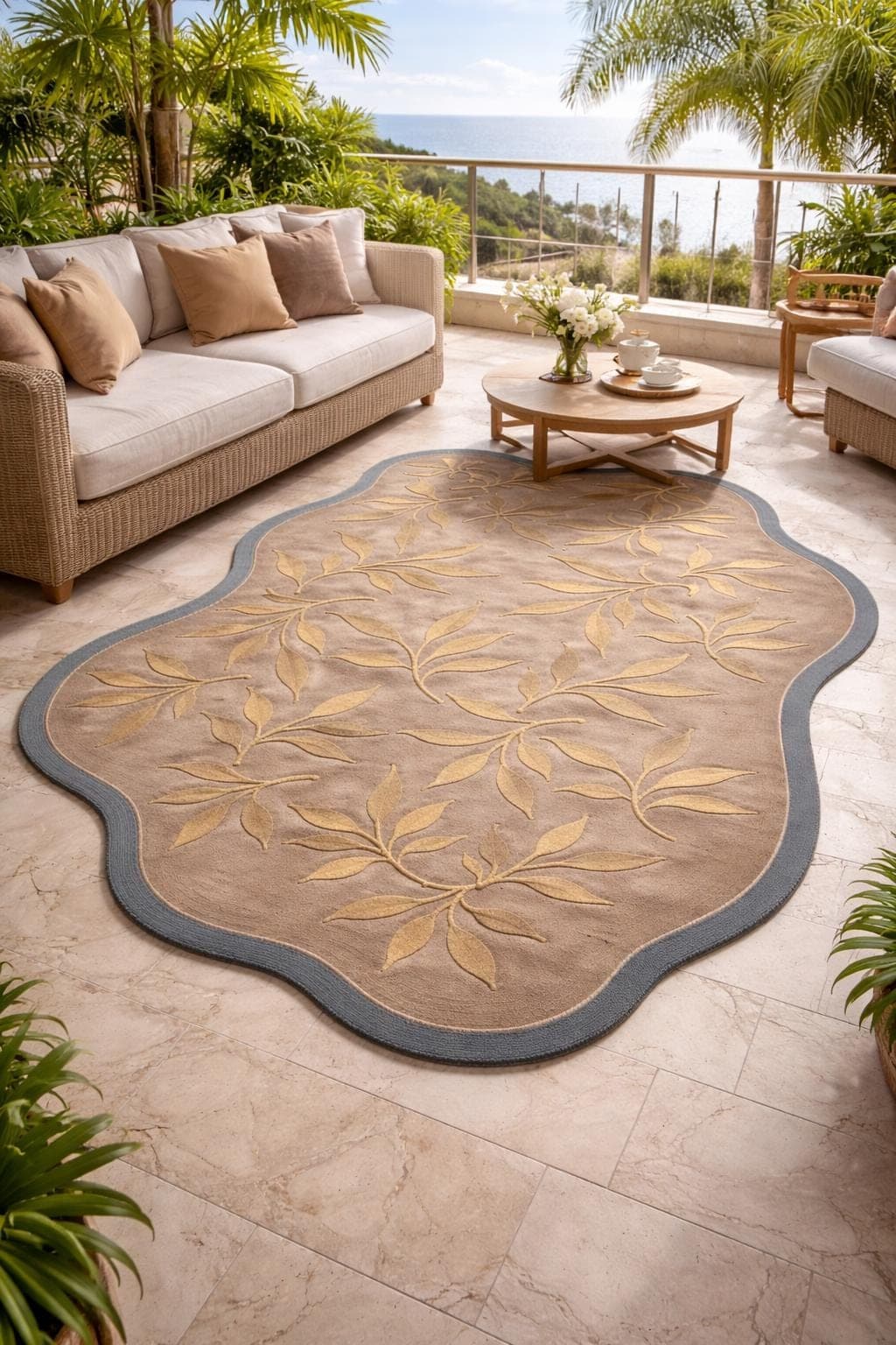 Beige Gold Floral Leaf Area Rug, Irregular Shape Plush Carpet
