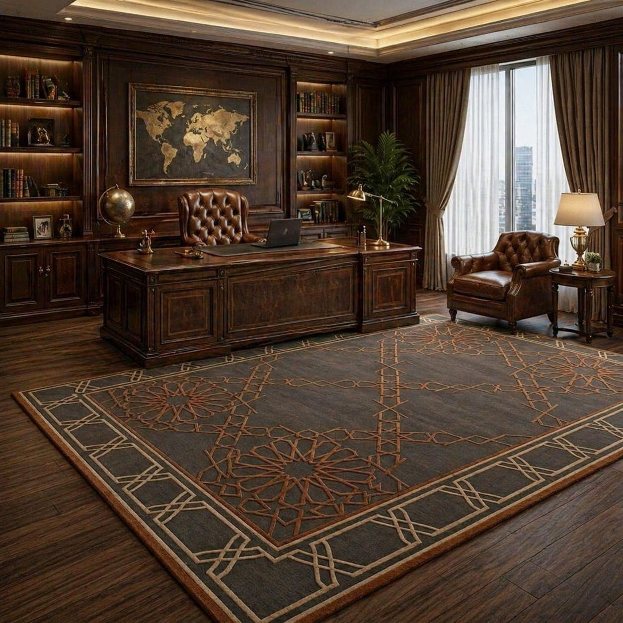 Dark Brown Geometric Area Rug, Modern Office Carpet, Elegant Living Room Floor Rug
