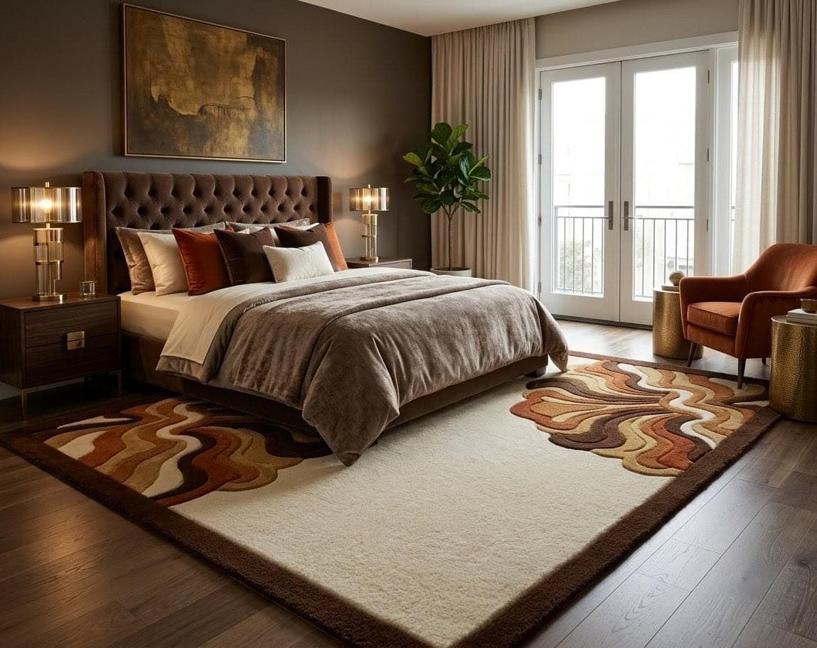 Luxury Abstract Wavy Area Rug, Modern Designer Beige Brown Floor Carpet - image 4