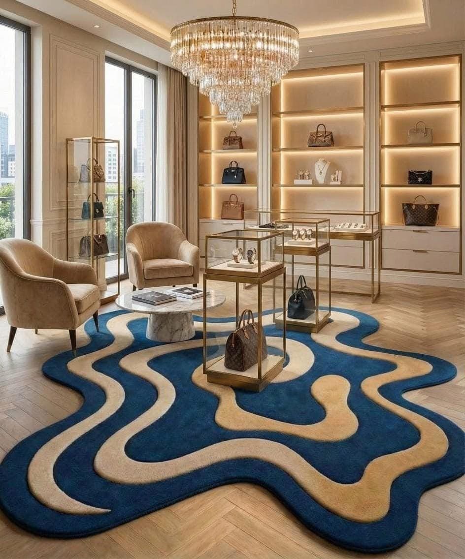 Abstract Wavy Blue Gold Area Rug, Modern Irregular Carpet, Contemporary Floor Decor