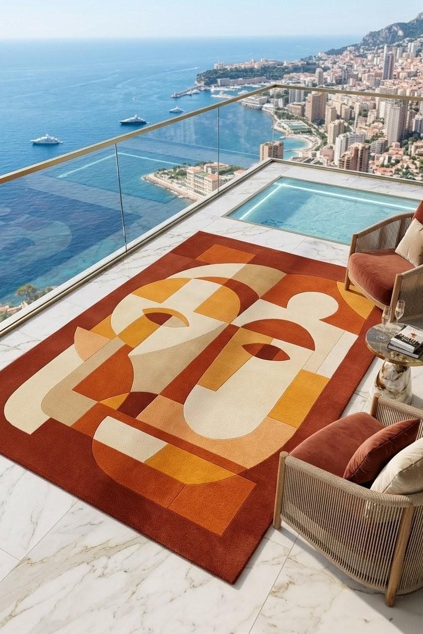 Geometric Abstract Area Rug, Orange Beige Mid Century Carpet, Modern Living Room Floor Carpet - image 4