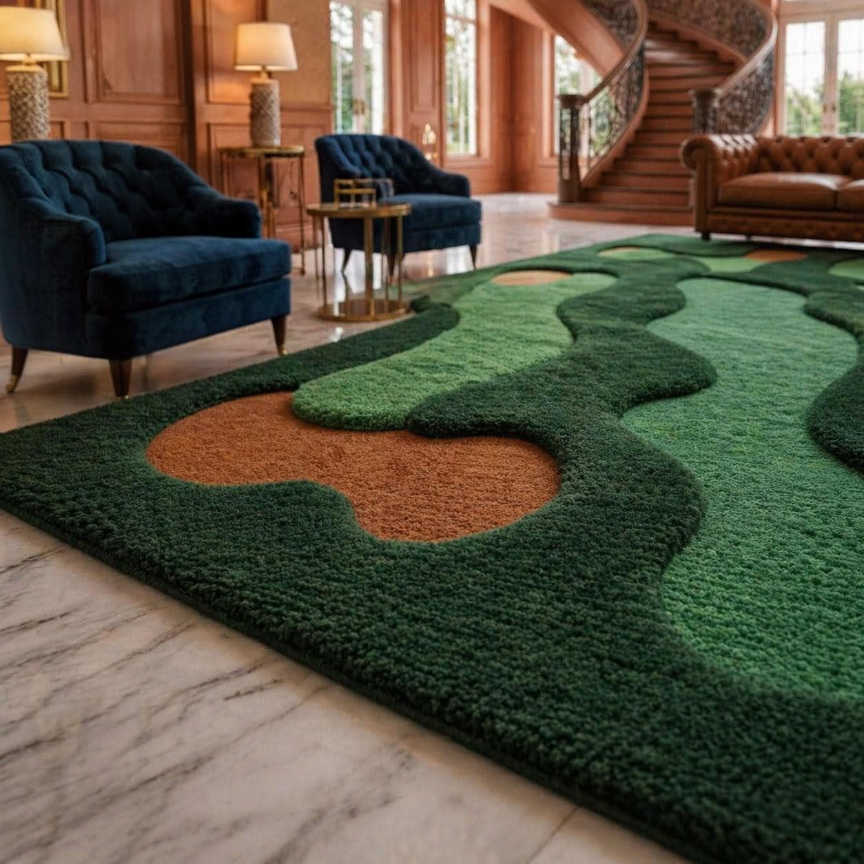 Green Abstract Golf Course Area Rug, Modern Artistic Carpet, Irregular Shape Floor Decor - image 4