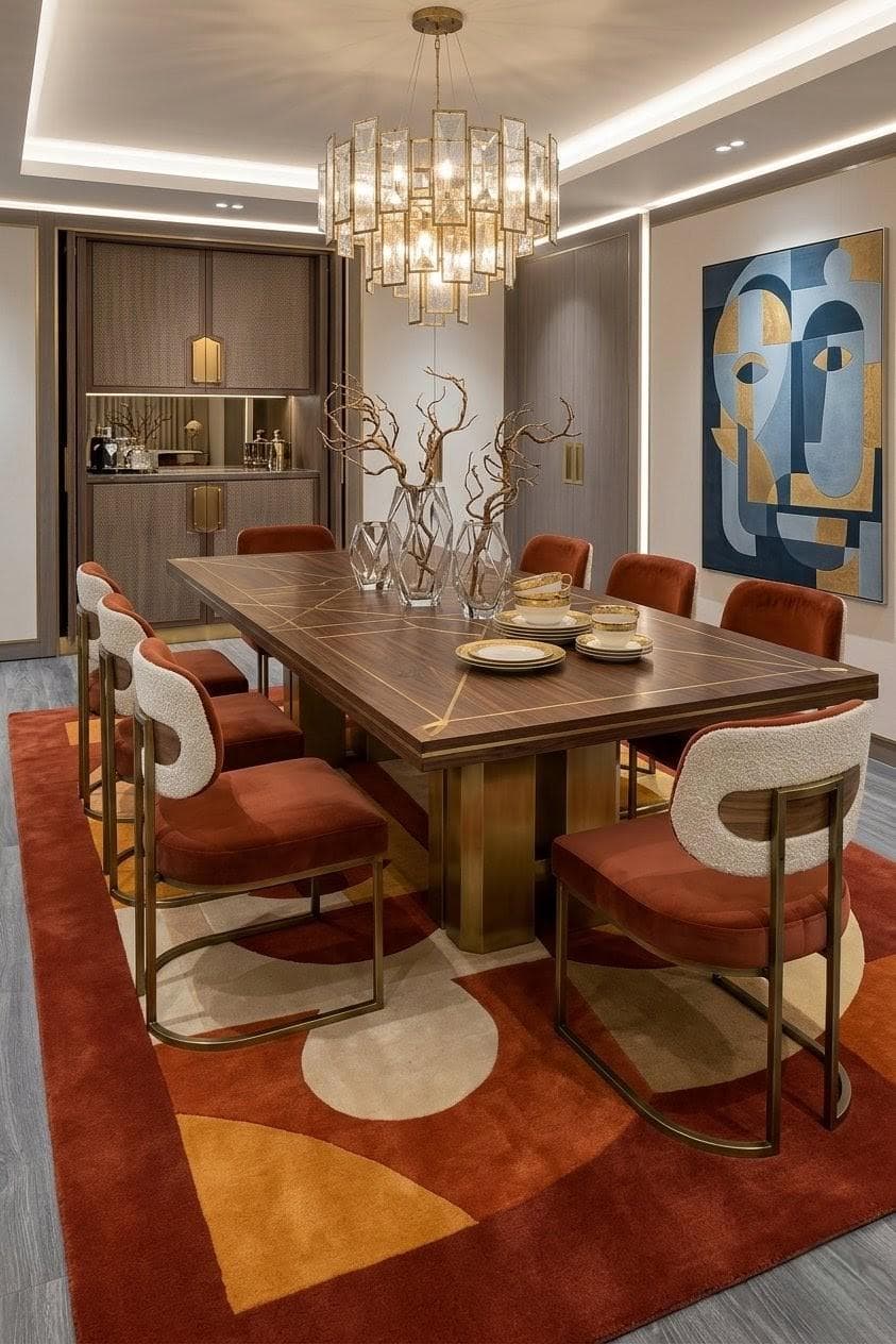 Geometric Abstract Area Rug, Orange Beige Mid Century Carpet, Modern Living Room Floor Carpet - image 3