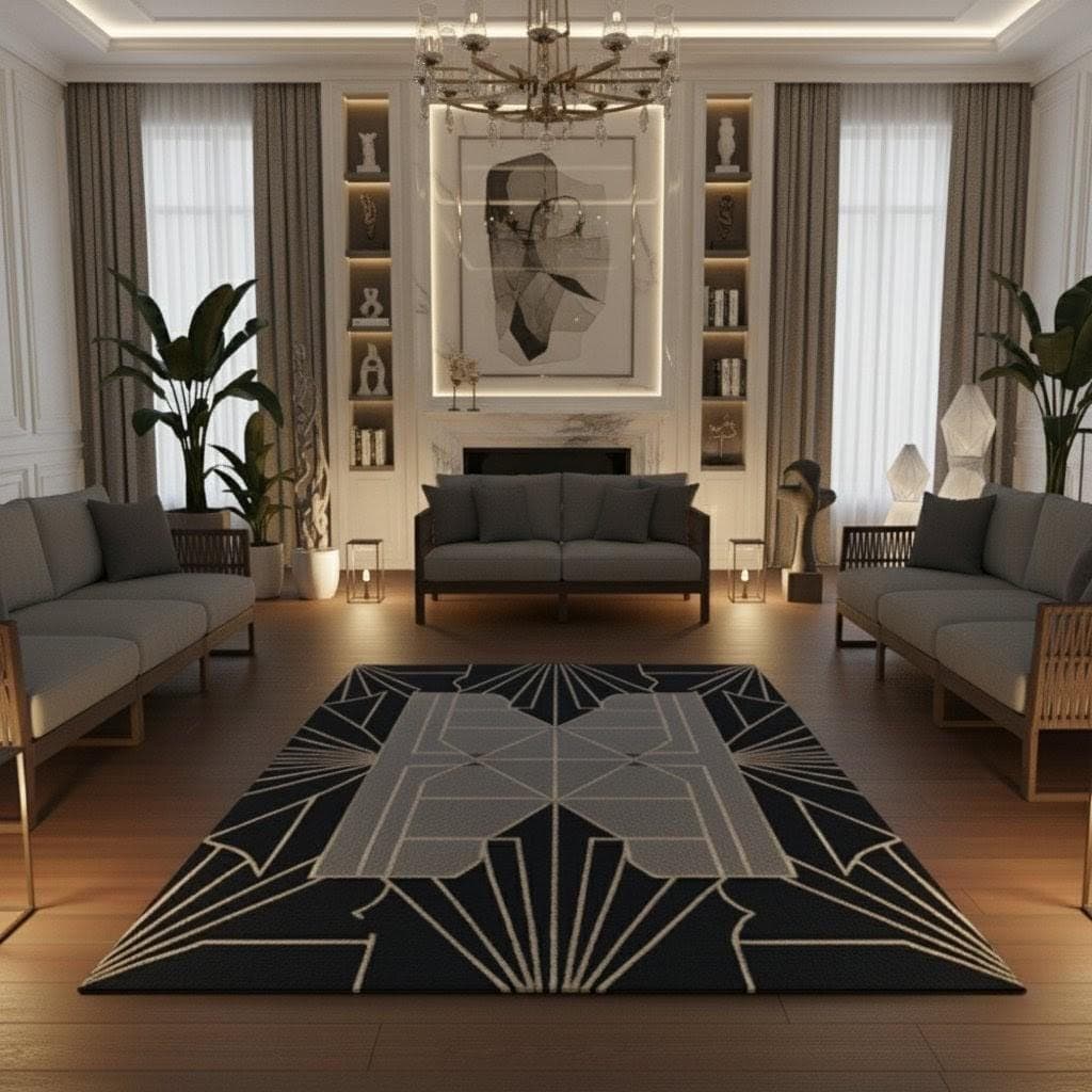 Art Deco Geometric Area Rug, Modern Black Cream Carpet, Living Room Floor Rug - image 3