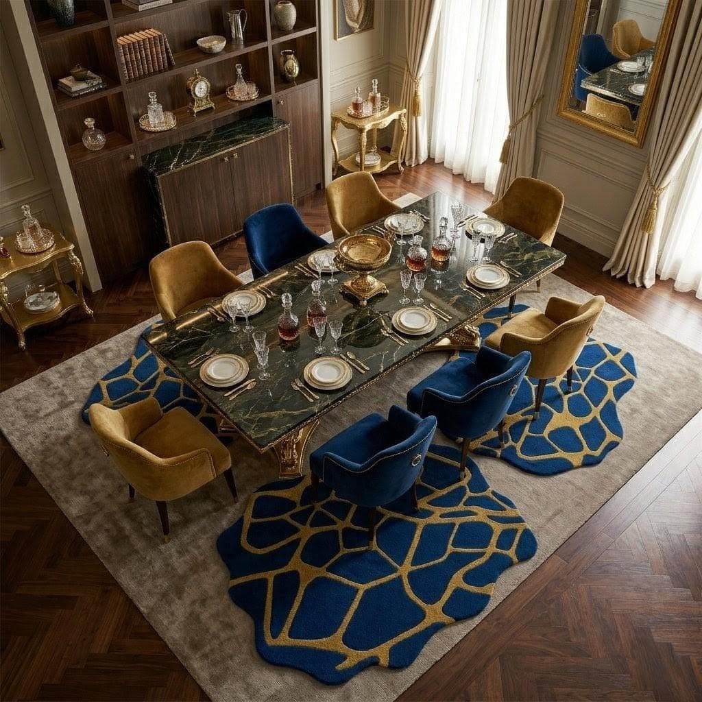 Blue Gold Abstract Irregular Rug, Modern Designer Area Carpet, Living Room Decor - image 4