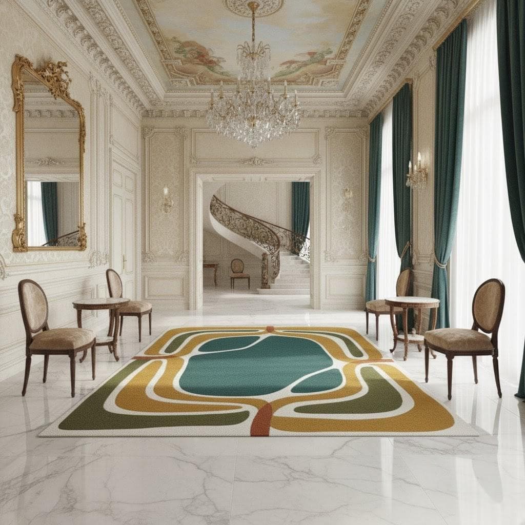 Modern Abstract Geometric Area Rug: Mid-Century Green Gold Carpet - image 3