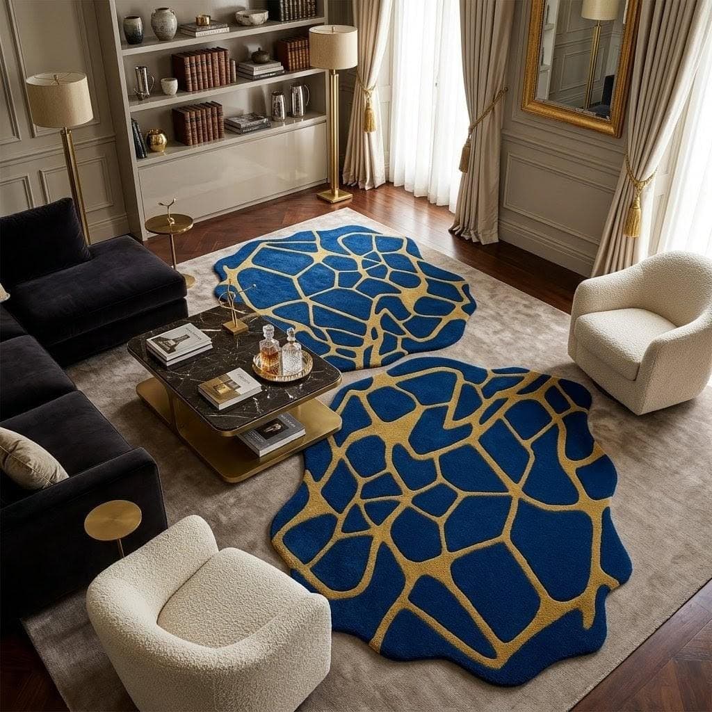 Blue Gold Abstract Irregular Rug, Modern Designer Area Carpet, Living Room Decor