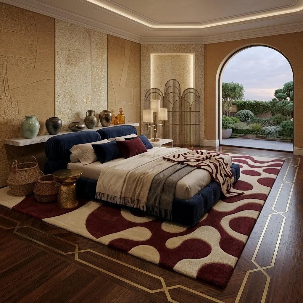 Abstract Wavy Pattern Area Rug: Burgundy Cream Luxury Carpet - image 3