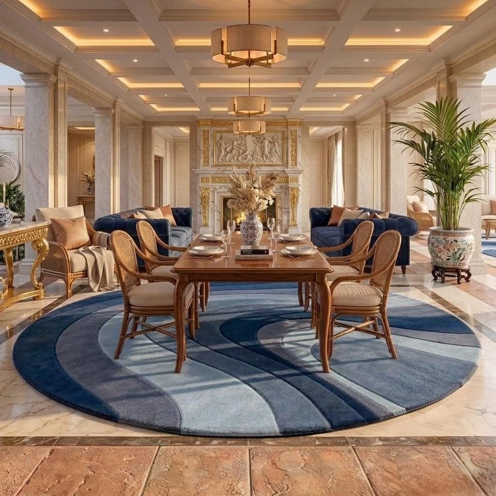 Hand-tufted Wool Round Rug, Abstract Blue Wave Pattern Carpet, Contemporary Living Room Décor - image 5