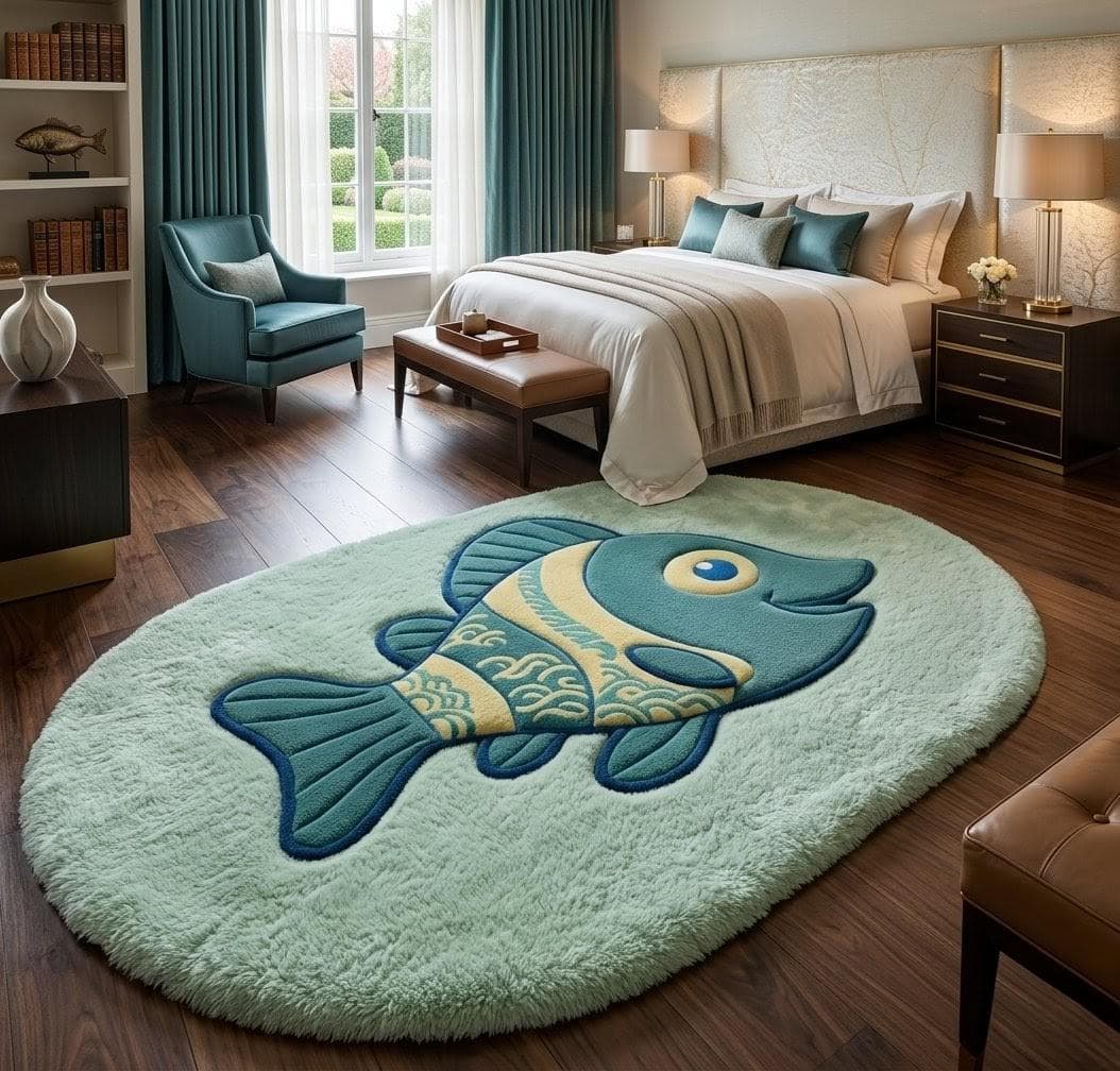 Fish Shape Area Rug, Ocean Theme Coastal Shaggy Carpet