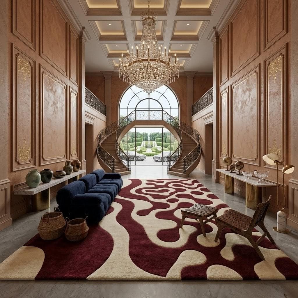 Abstract Wavy Pattern Area Rug: Burgundy Cream Luxury Carpet - image 5