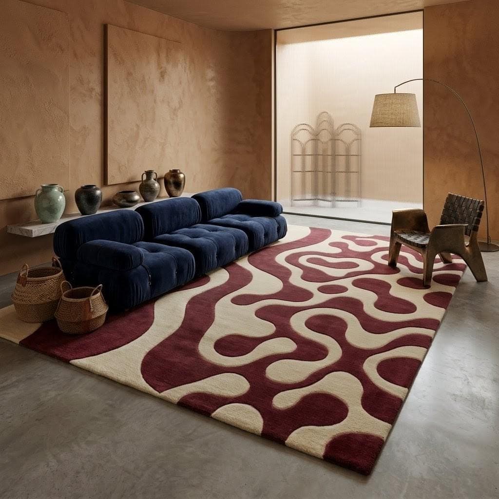 Abstract Wavy Pattern Area Rug: Burgundy Cream Luxury Carpet