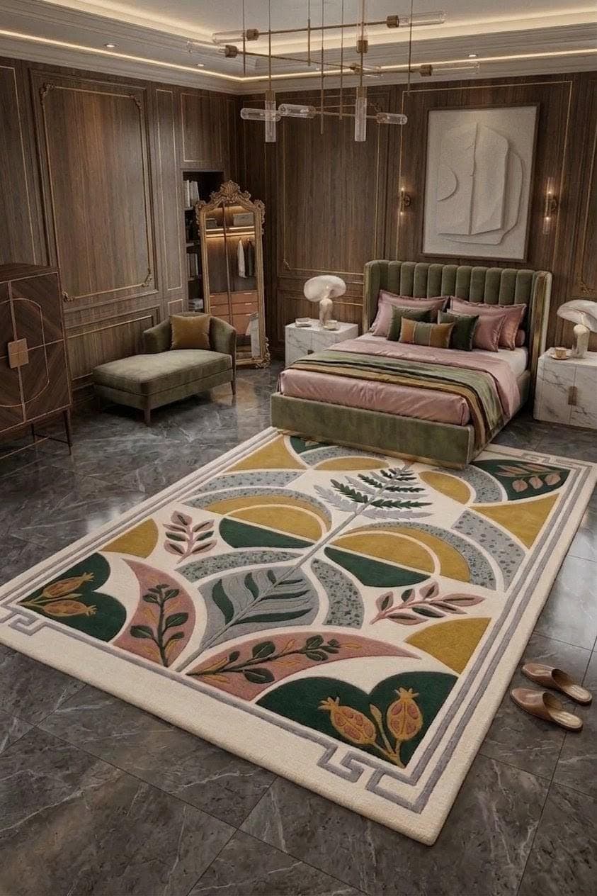 Botanical Area Rug, Modern Floral Geometric Carpet, Green Mustard Cream Living Room Rug - image 3