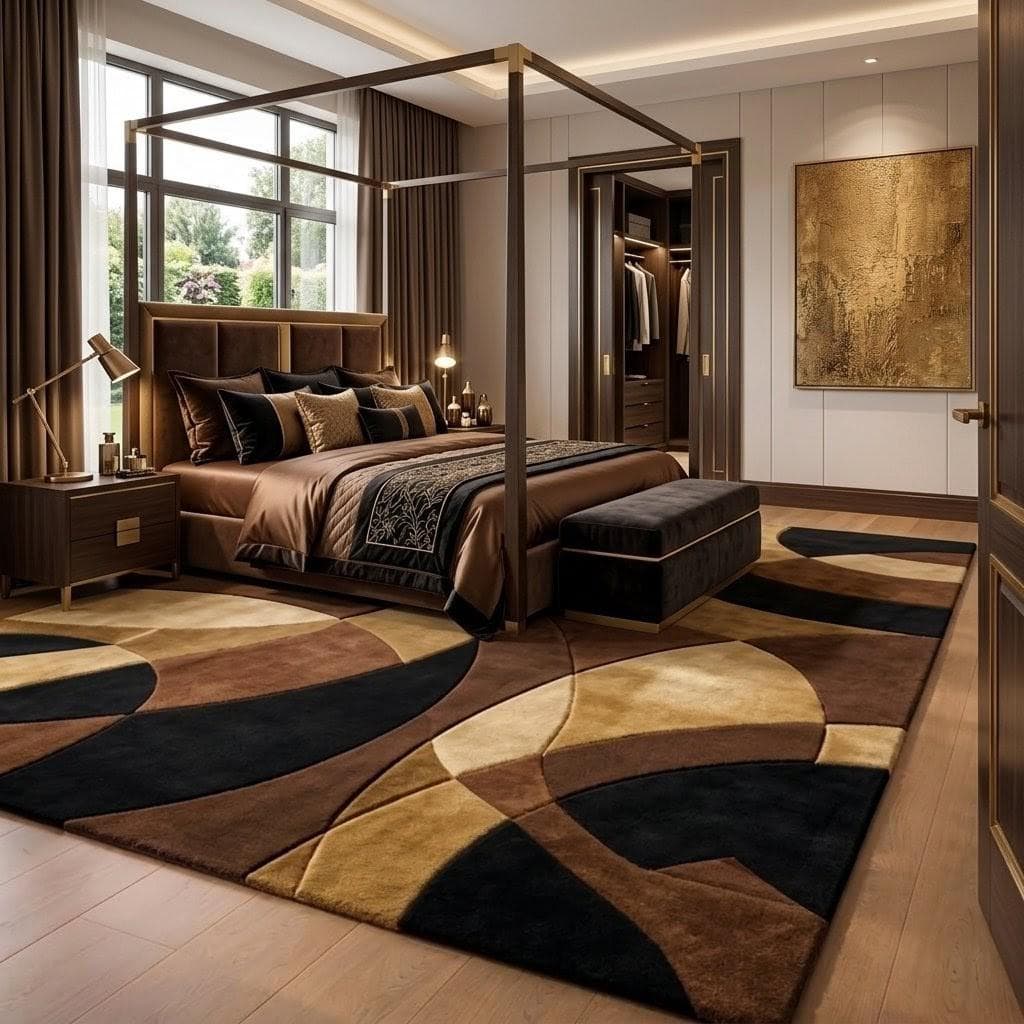 Modern Abstract Area Rug: Geometric Living Room Carpet, Brown Beige Black Plush Floor - image 3