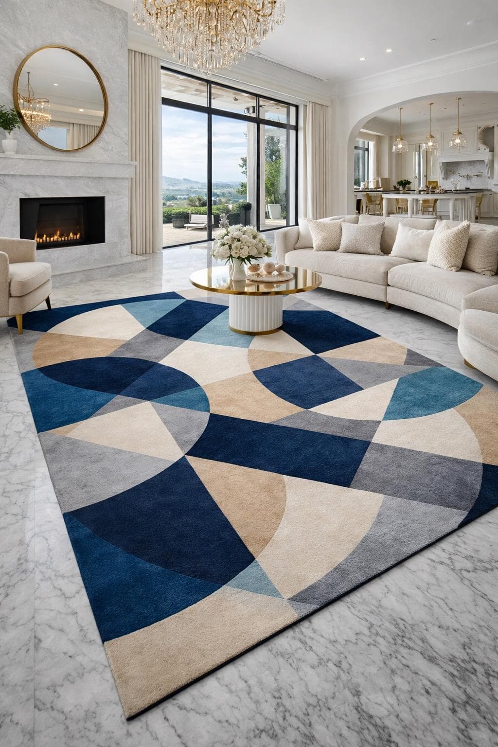 Modern Geometric Area Rug, Blue Beige Abstract Scandinavian Carpet, Minimalist Living Room Decor - image 5