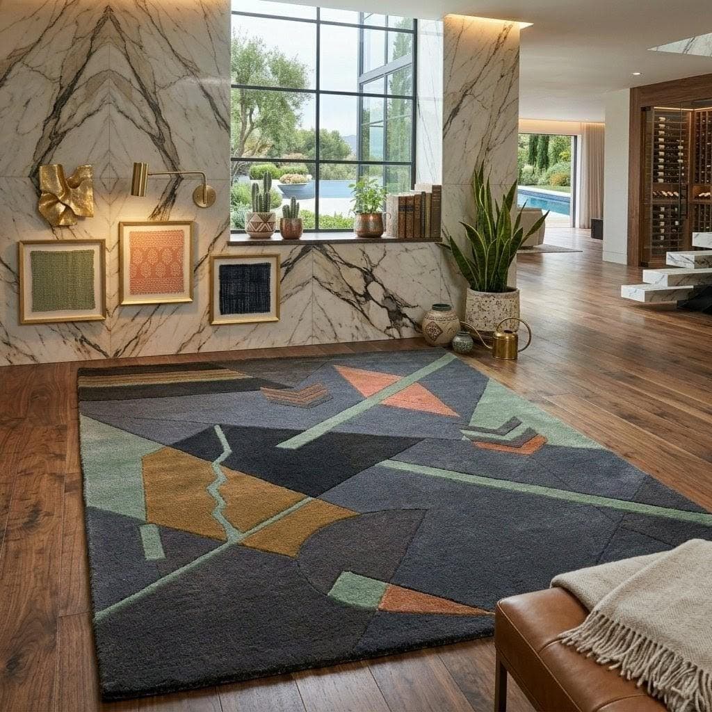 Geometric Wool Rug, Abstract Contemporary Hand Tufted Carpet, Luxury Living Room Floor Rug - image 4