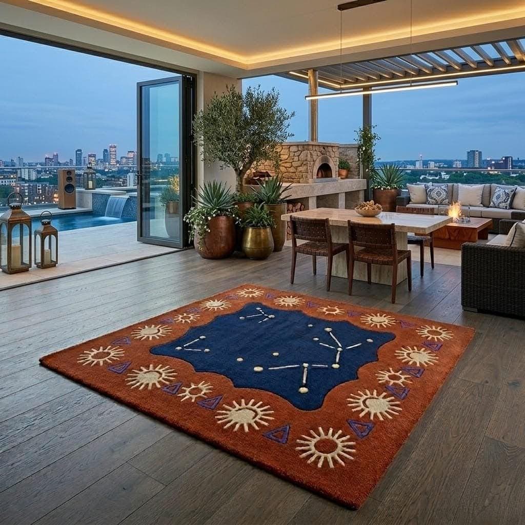 Handmade Wool Celestial Constellation Rug, Boho Sun Pattern Carpet, Navy Terracotta Floor Decor - image 4