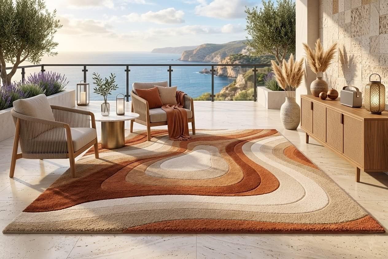 Abstract Wave Area Rug, Beige Rust Plush Carpet, Boho Scandinavian Living Room Floor Carpet