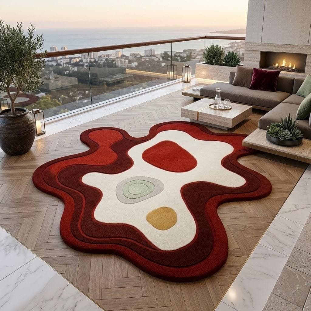 Abstract Irregular Shape Area Rug: Modern Red White Designer Carpet - image 5