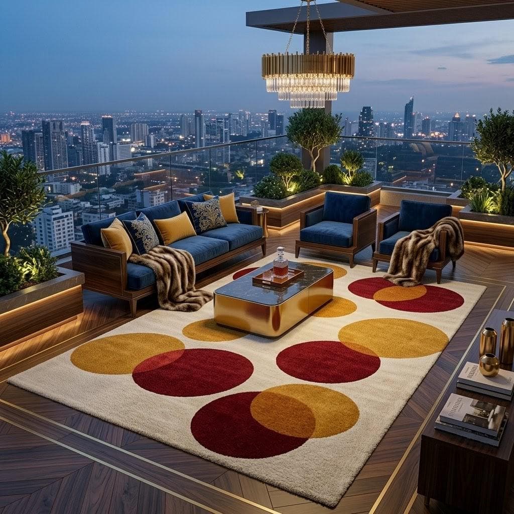 Modern Abstract Circle Area Rug, Geometric Living Room Carpet, Red Gold Designer Floor Rug - image 4