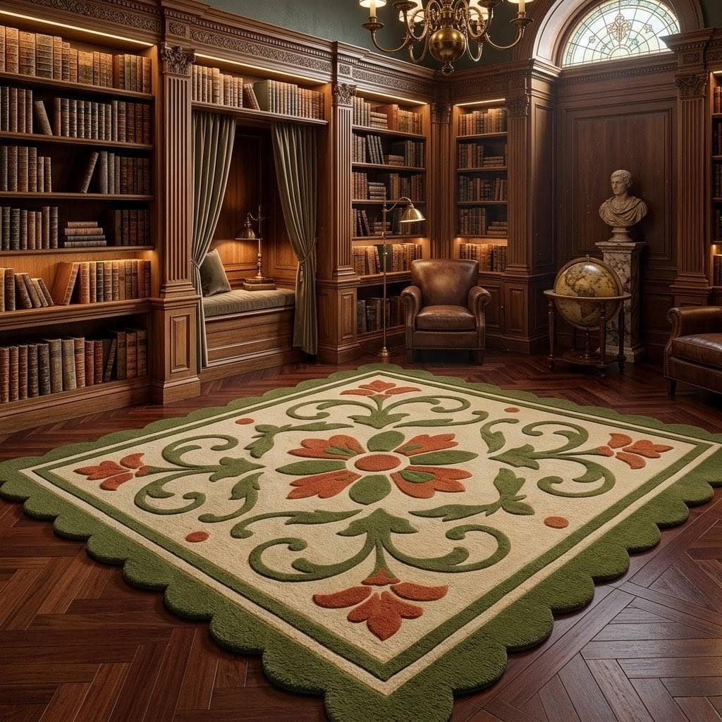 Vintage Floral Area Rug, Beige Botanical Carpet, Classic Victorian Style, Elegant Library Decor