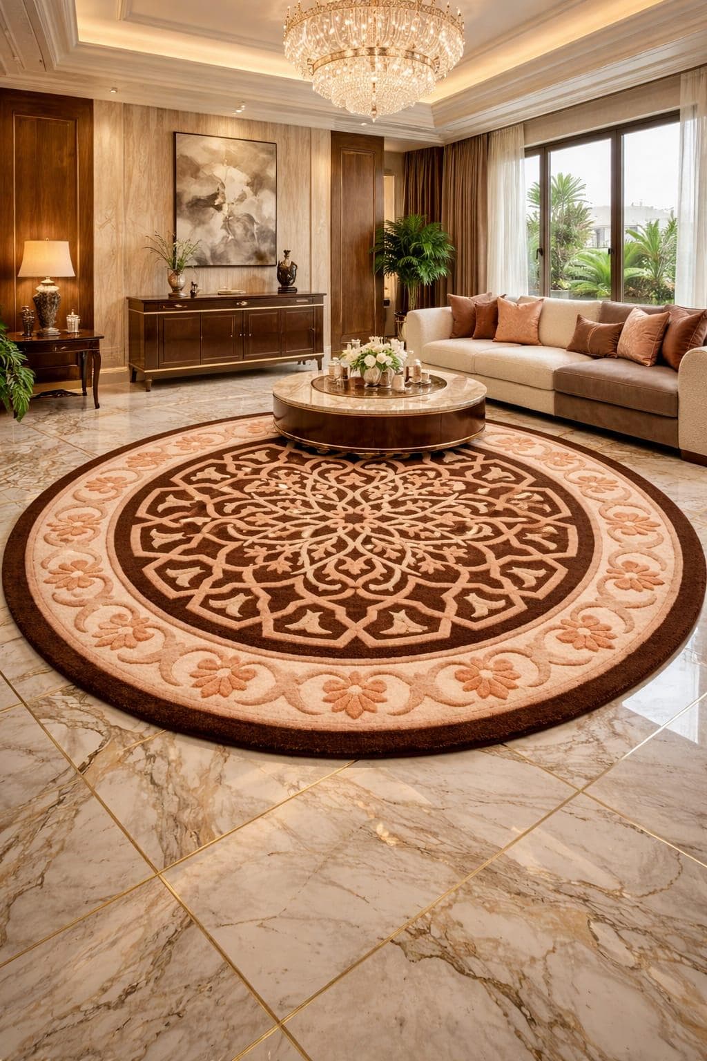 Round Floral Medallion Rug, Beige Brown Plush Carpet, Modern Living Room Décor - image 5