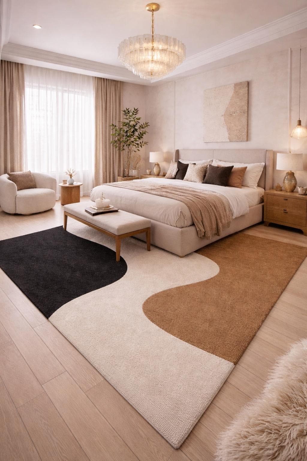 Modern Abstract Area Rug, Neutral Beige Black Brown Geometric Carpet, Luxury Living Room Rug - image 5