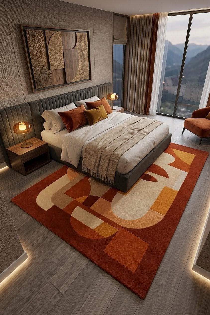 Geometric Abstract Area Rug, Orange Beige Mid Century Carpet, Modern Living Room Floor Carpet