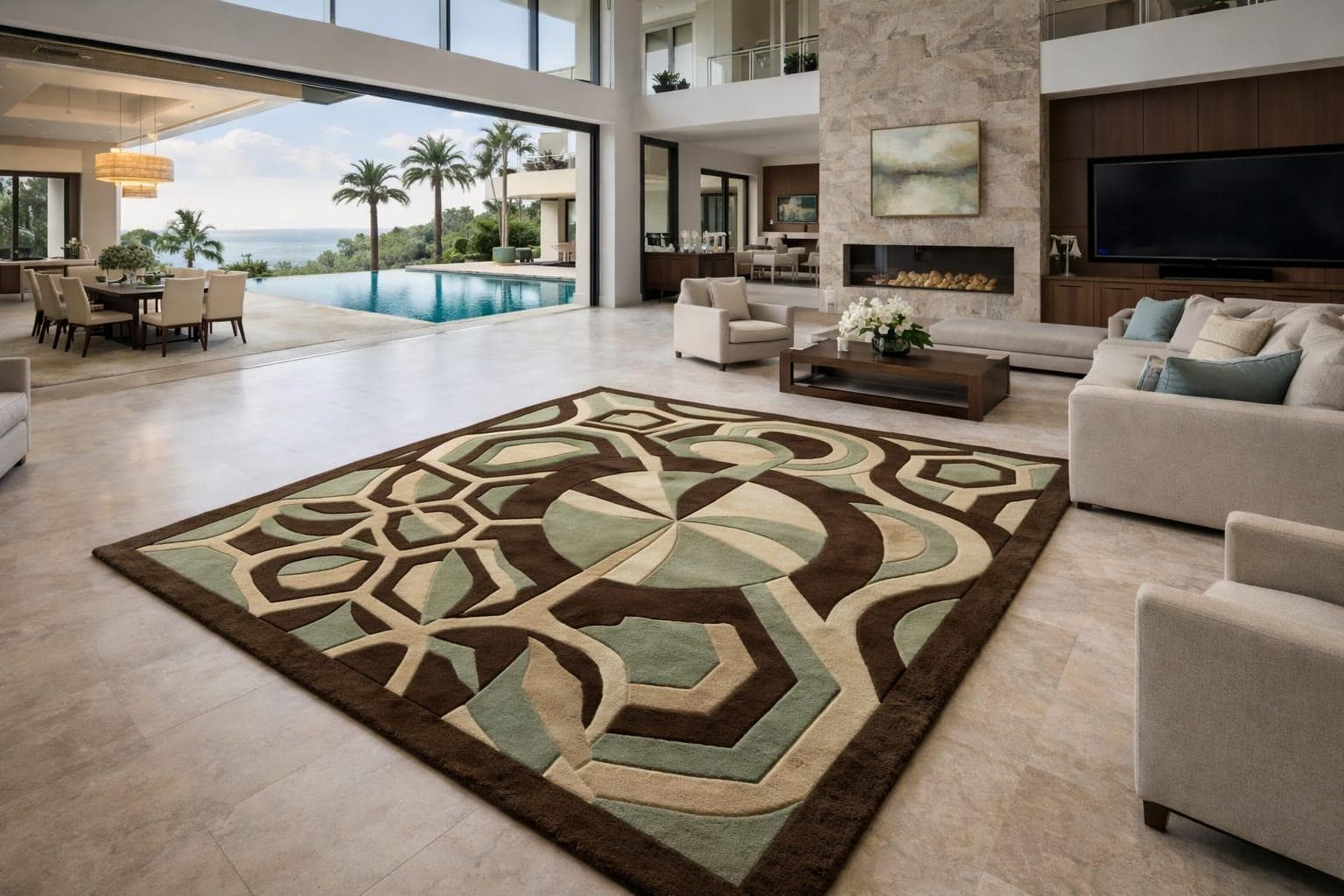 Geometric Abstract Area Rug, Beige Brown Green Living Room Carpet