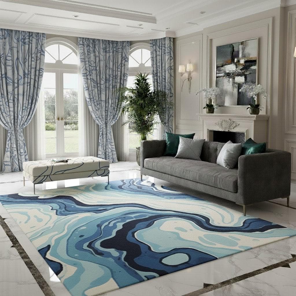 Modern Abstract Blue White Marble Area Rug, Contemporary Living Room Carpet - image 4