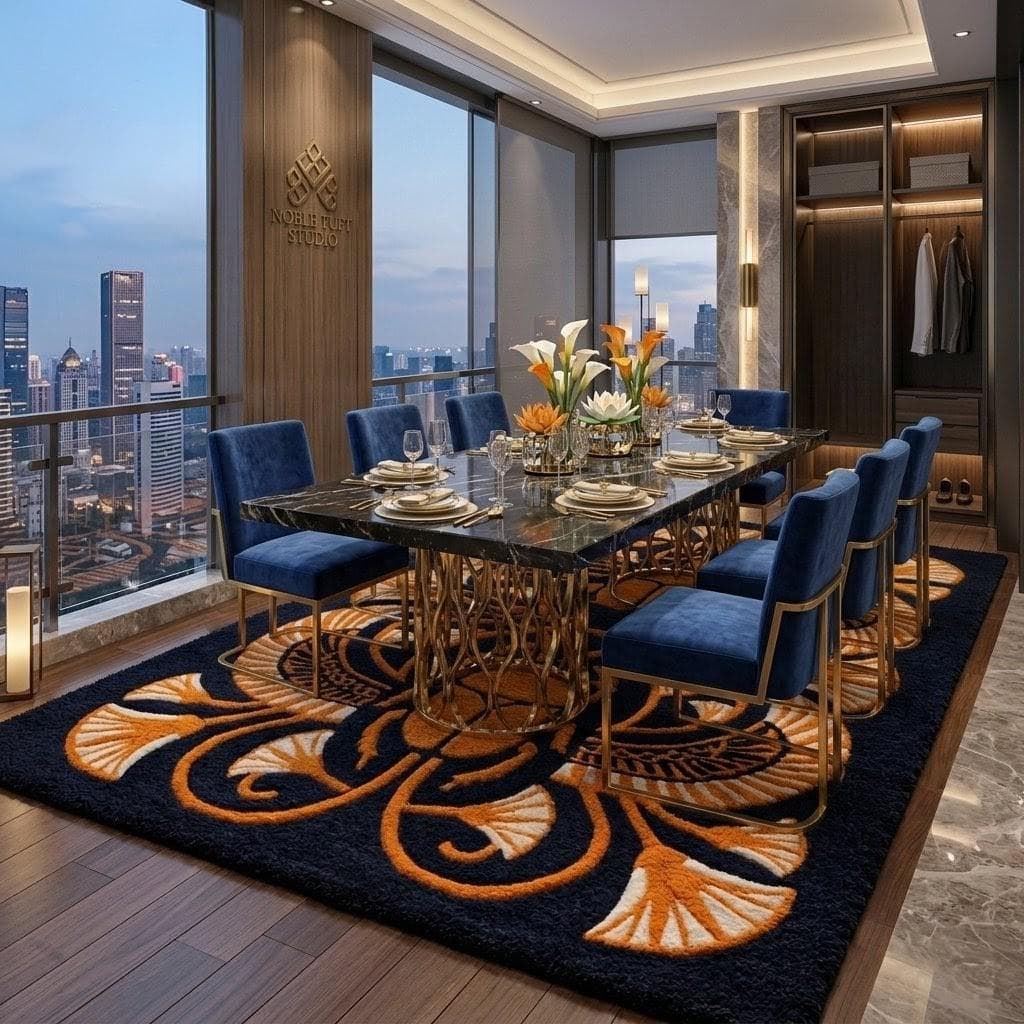 Egyptian Scarab Rug, Navy Blue Gold Palace Style Carpet, Handmade Statement Area Rug - image 5