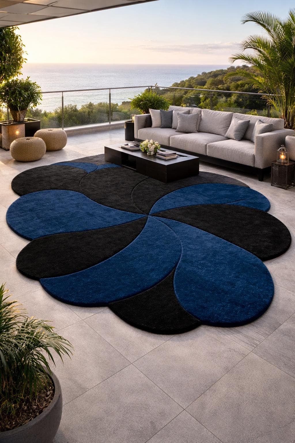 Modern Flower Petal Rug, Blue Black Abstract Area Carpet, Luxury Designer Statement Rug - image 3