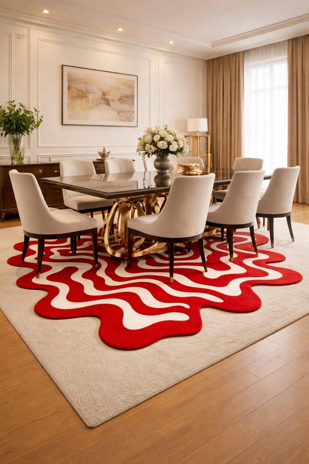 Abstract Red Wavy Area Rug, Irregular Modern Living Room Carpet - image 5