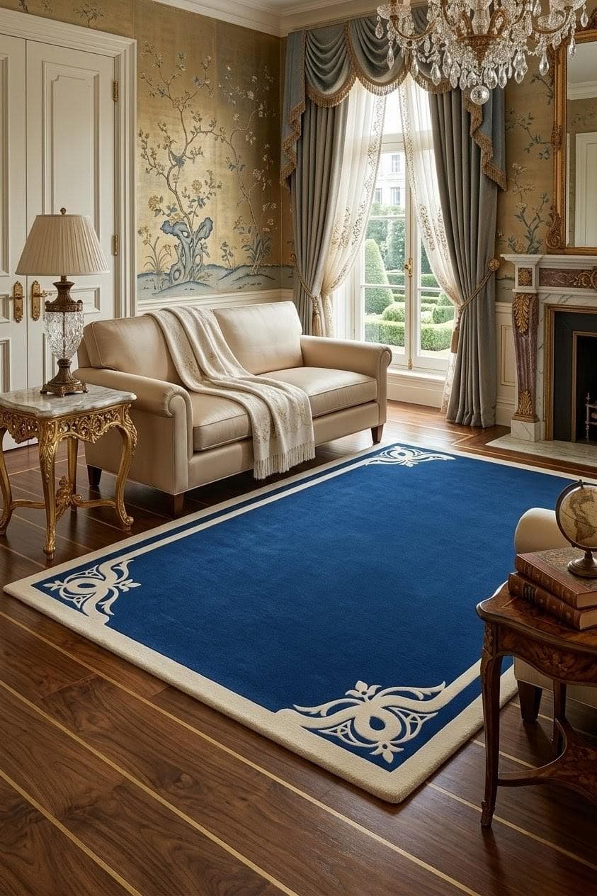 Navy Blue Modern Minimalist Rug, Decorative Border Bedroom Carpet, Luxury Home Decor - image 3