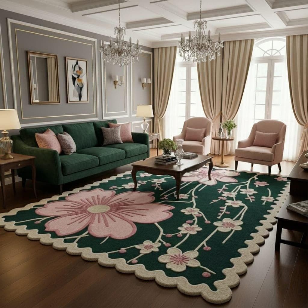 Floral Tufted Rug, Green Pink Botanical Carpet, Scalloped Edge Living Room Decor