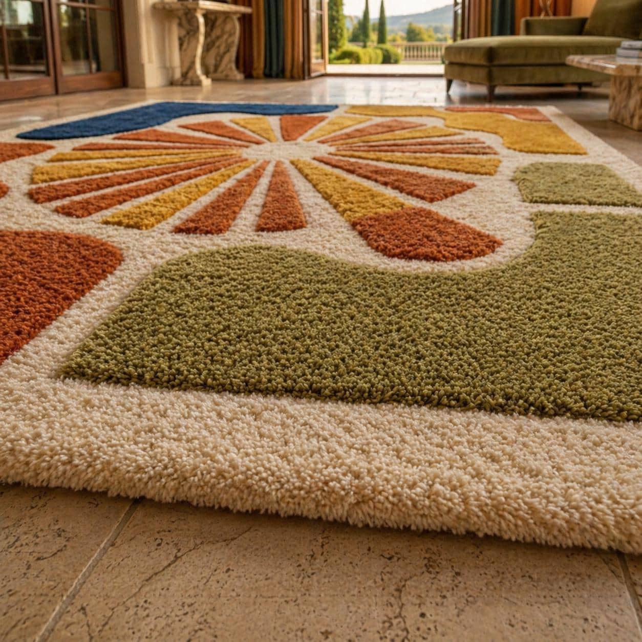 Modern Abstract Sunburst Rug, Colorful Geometric Mid Century Carpet, Boho Luxury Floor Decor - image 3