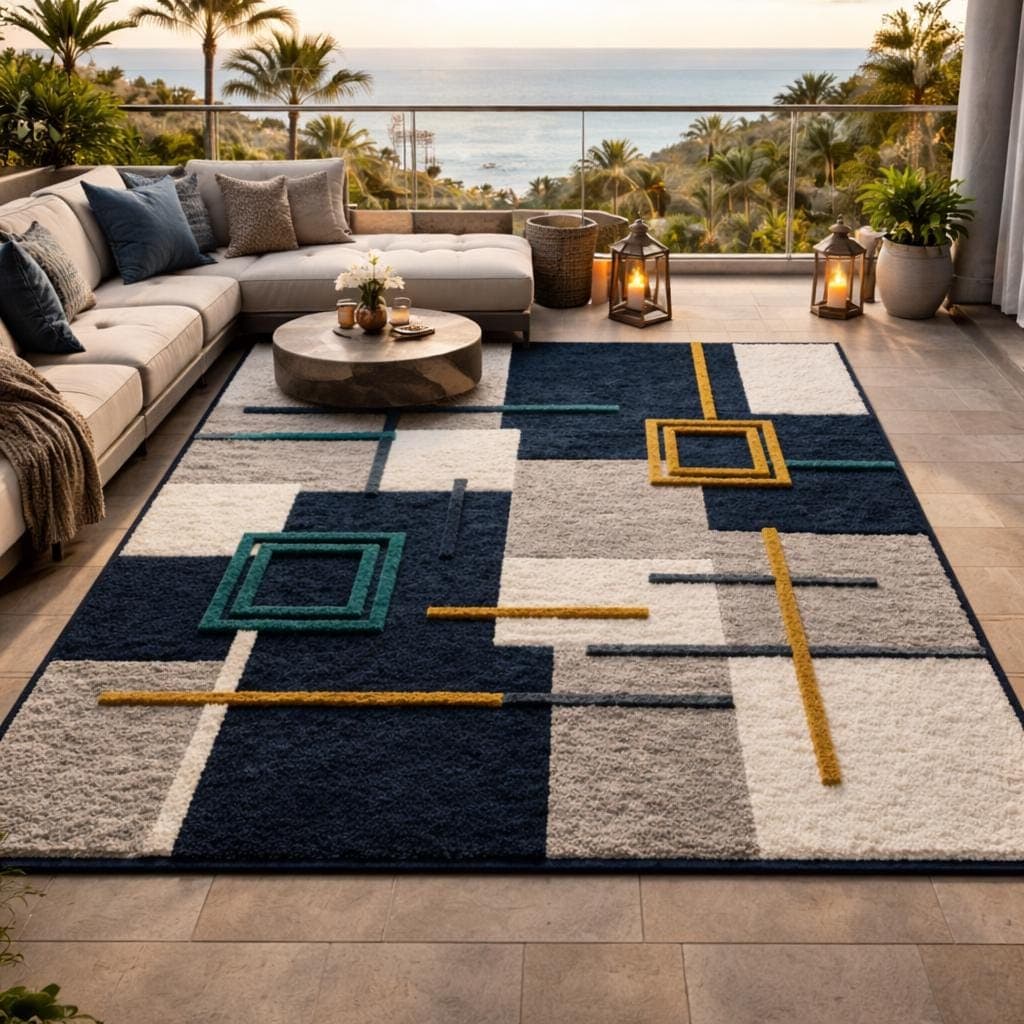 Modern Geometric Area Rug, Navy Blue Grey Cream Abstract Carpet, Contemporary Living Room Decor - image 5