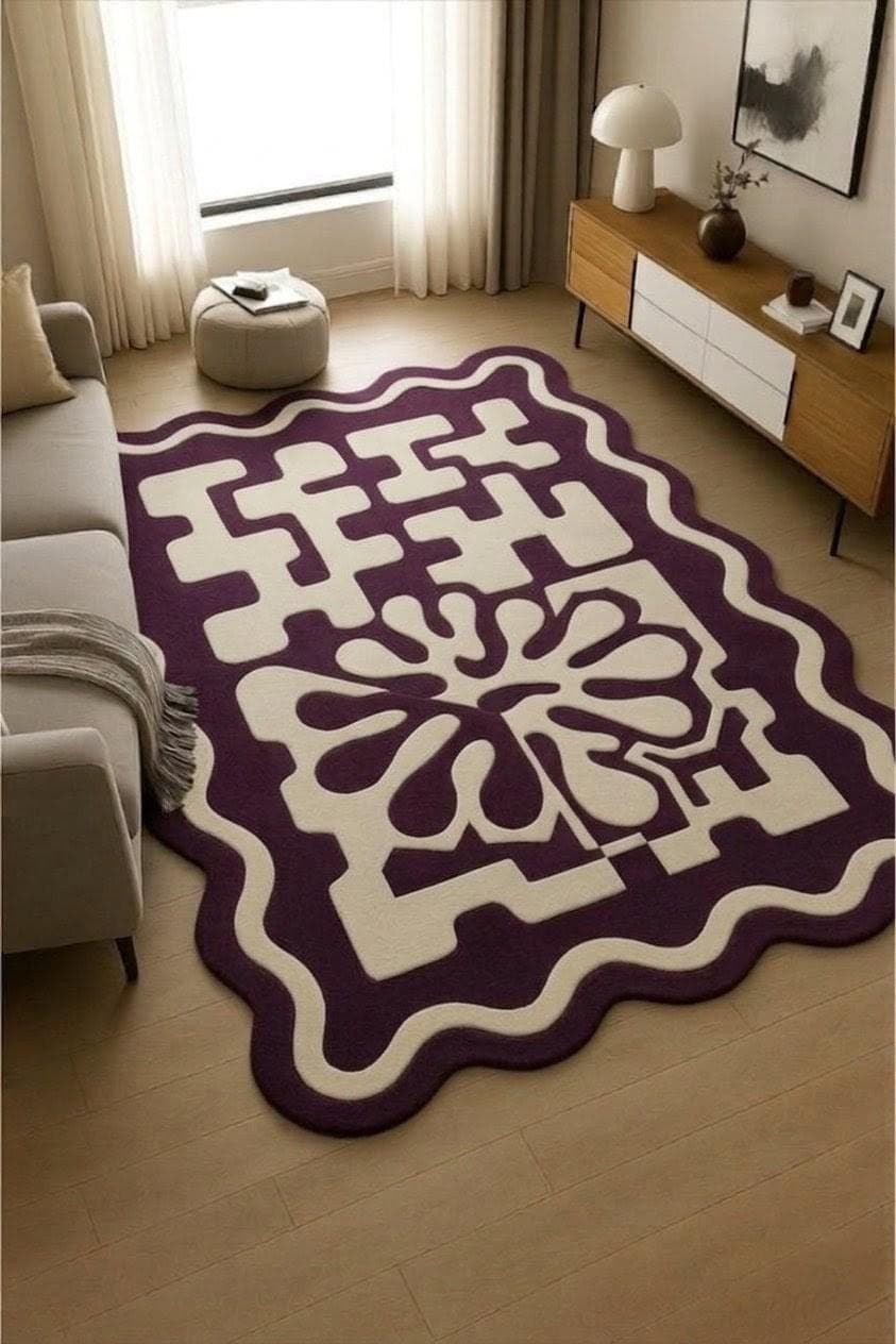 Abstract Purple Wavy Edge Rug, Hand-Tufted Floral Geometric Carpet - image 3