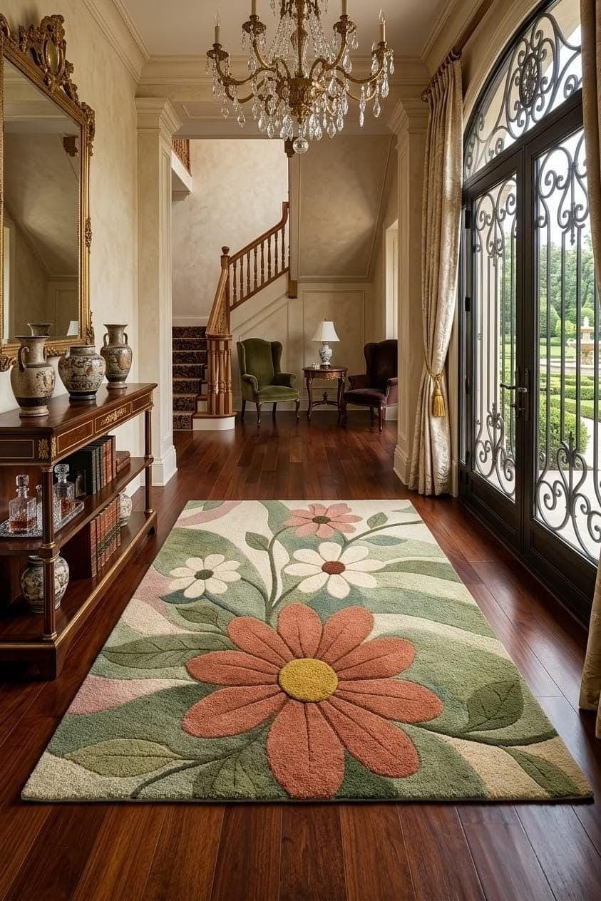Handmade Tufted Floral Area Rug, Botanical Living Room Carpet, Soft Pastel Flowers
