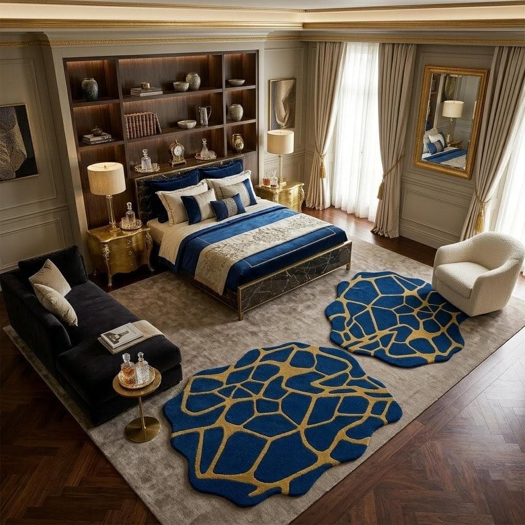 Blue Gold Abstract Irregular Rug, Modern Designer Area Carpet, Living Room Decor - image 3