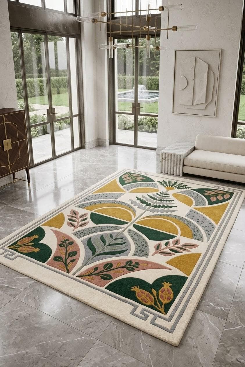 Botanical Area Rug, Modern Floral Geometric Carpet, Green Mustard Cream Living Room Rug - image 5
