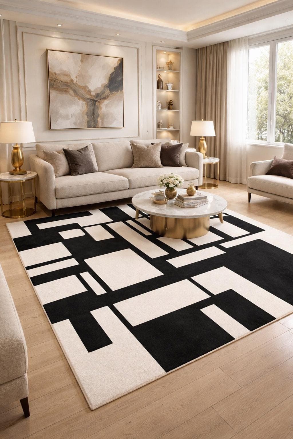 Modern Black White Geometric Area Rug, Abstract Scandinavian Living Room Carpet