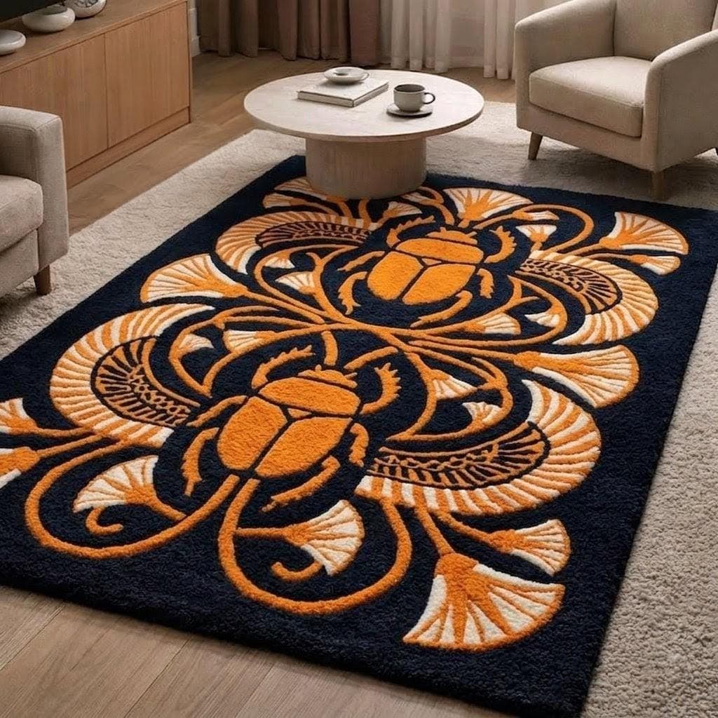 Egyptian Scarab Rug, Navy Blue Gold Palace Style Carpet, Handmade Statement Area Rug