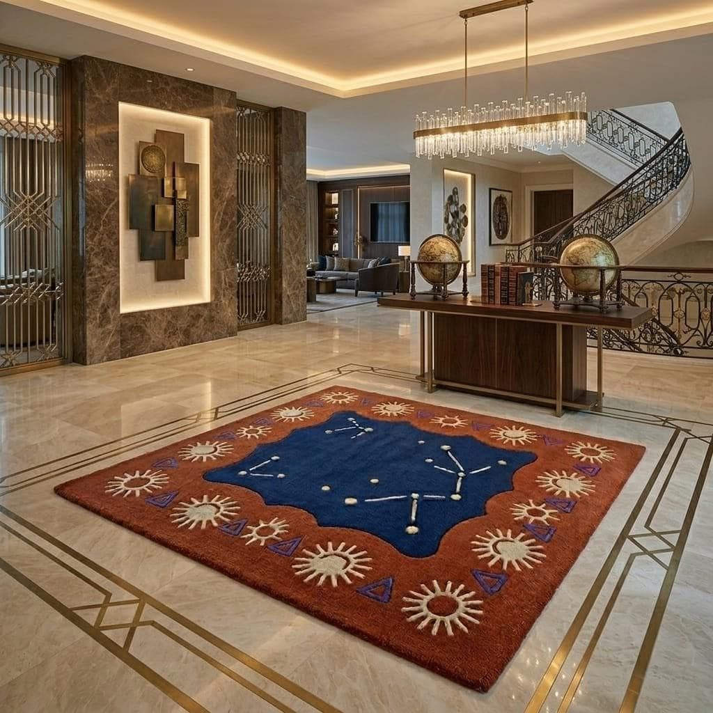 Handmade Wool Celestial Constellation Rug, Boho Sun Pattern Carpet, Navy Terracotta Floor Decor