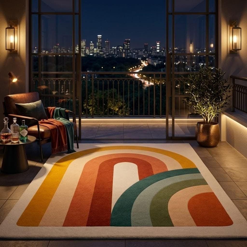 Abstract Rainbow Geometric Area Rug, Mid Century Style Living Room Carpet