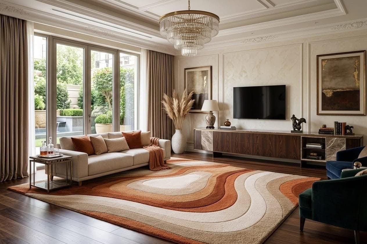 Abstract Wave Area Rug, Beige Rust Plush Carpet, Boho Scandinavian Living Room Floor Carpet - image 3