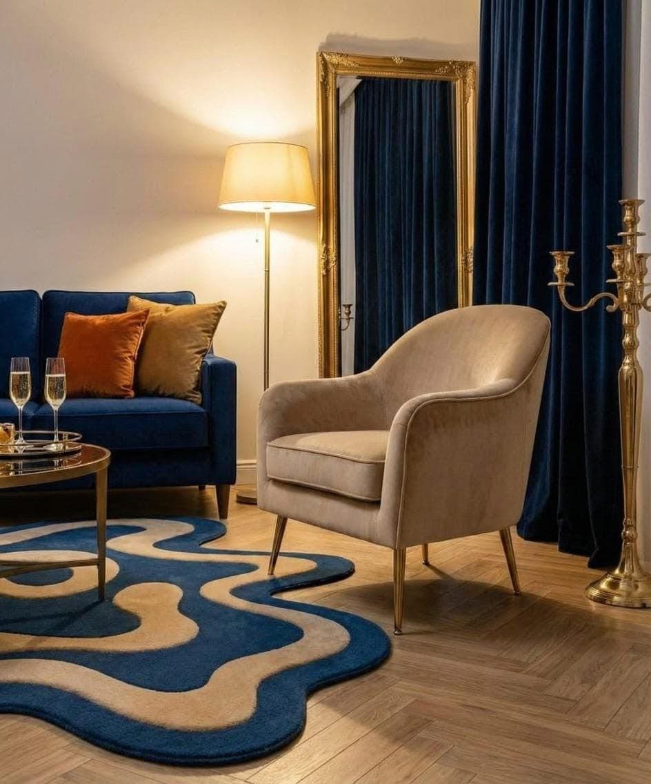 Abstract Wavy Blue Gold Area Rug, Modern Irregular Carpet, Contemporary Floor Decor - image 5