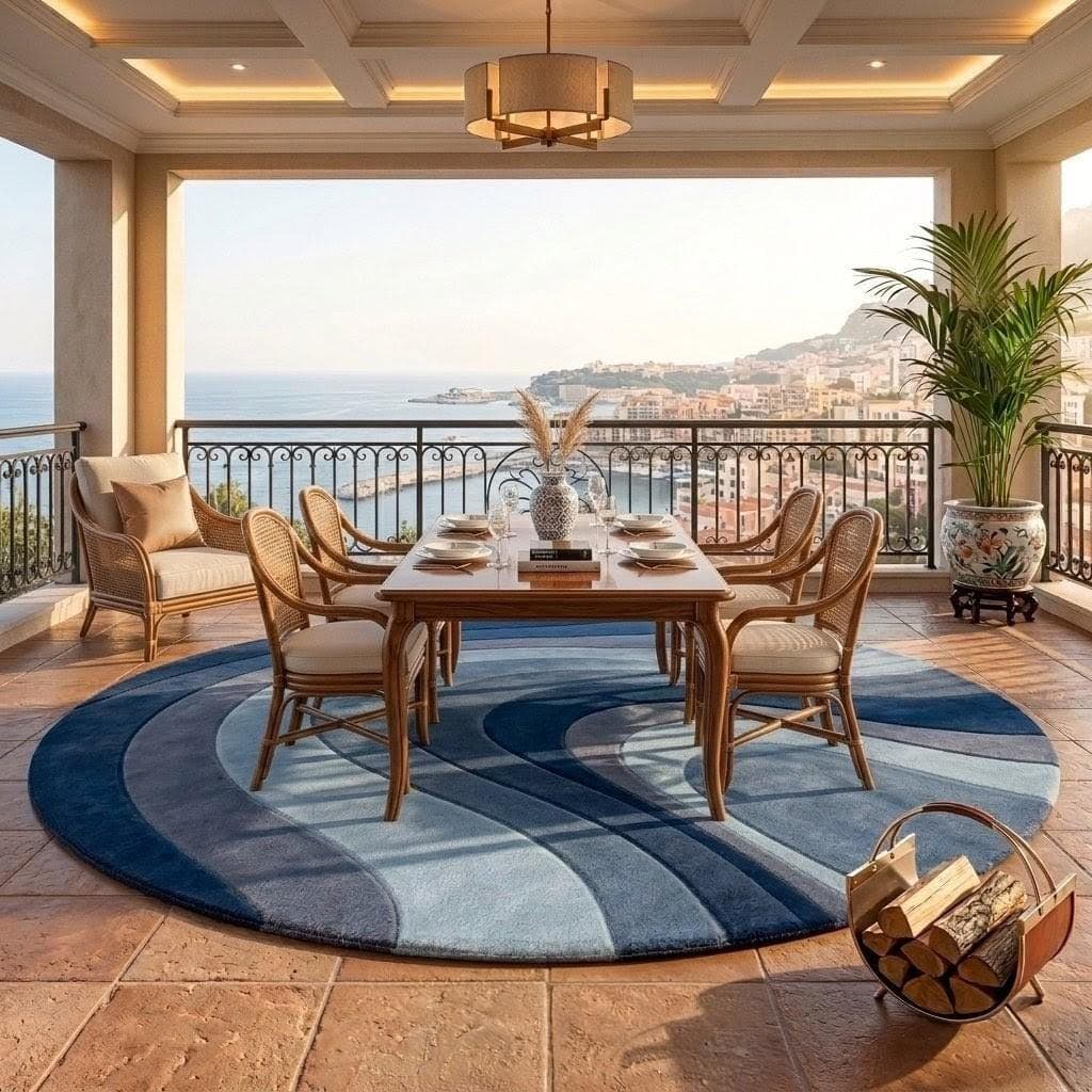 Hand-tufted Wool Round Rug, Abstract Blue Wave Pattern Carpet, Contemporary Living Room Décor - image 4