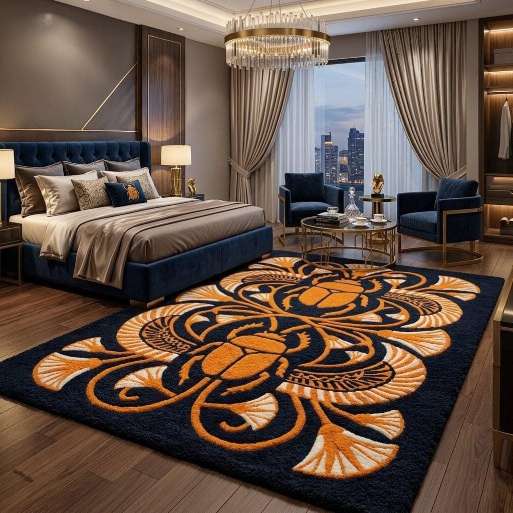 Egyptian Scarab Rug, Navy Blue Gold Palace Style Carpet, Handmade Statement Area Rug - image 3